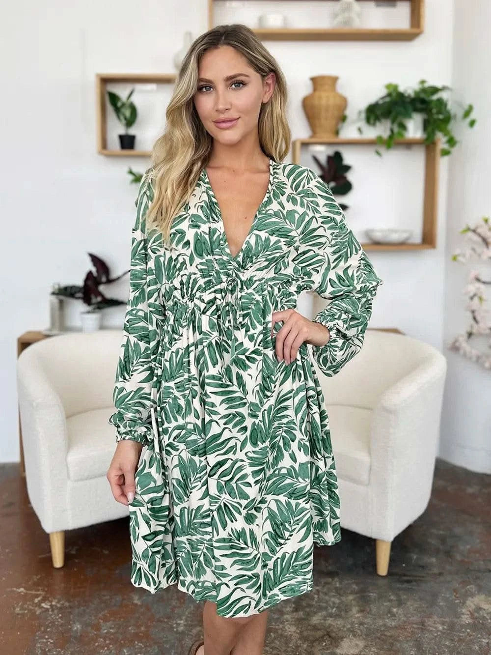 Double Take Full Size Printed Ruched Balloon Sleeve Dress - M & M Global