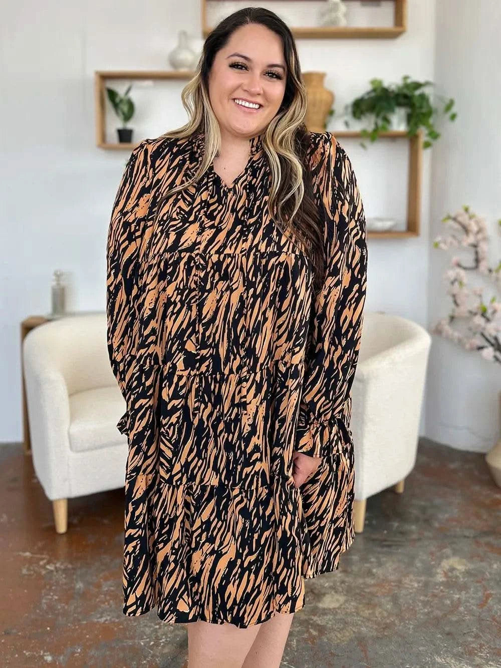 Double Take Full Size Printed Ruffle Hem Long Sleeve Dress - M & M Global
