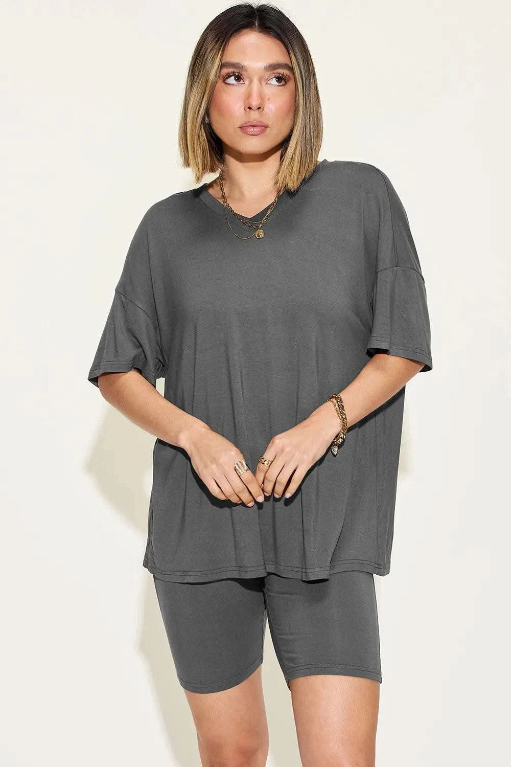 Basic Bae Full Size V-Neck Drop Shoulder T-Shirt and Shorts Set - M & M Global