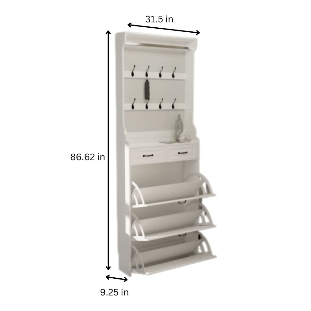 White Shoe Cabinet with 3 Doors 2 Drawers and Hanger