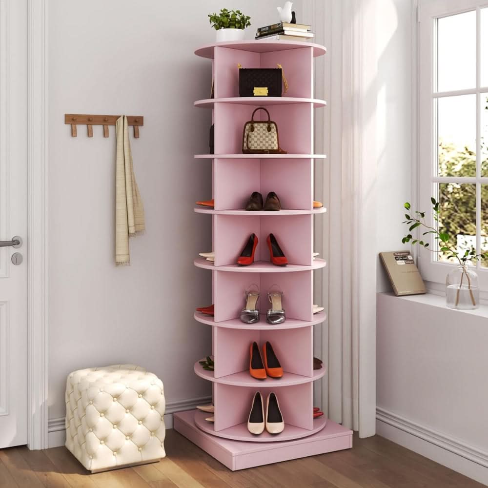 360 Degree Pink Rotating Shoe Cabinet with 7 Layers