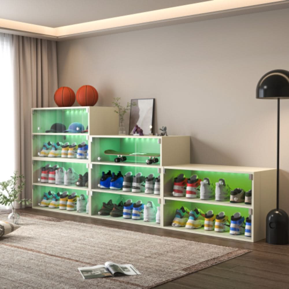 Off White Glass Door Shoe Box with RGB LED Light