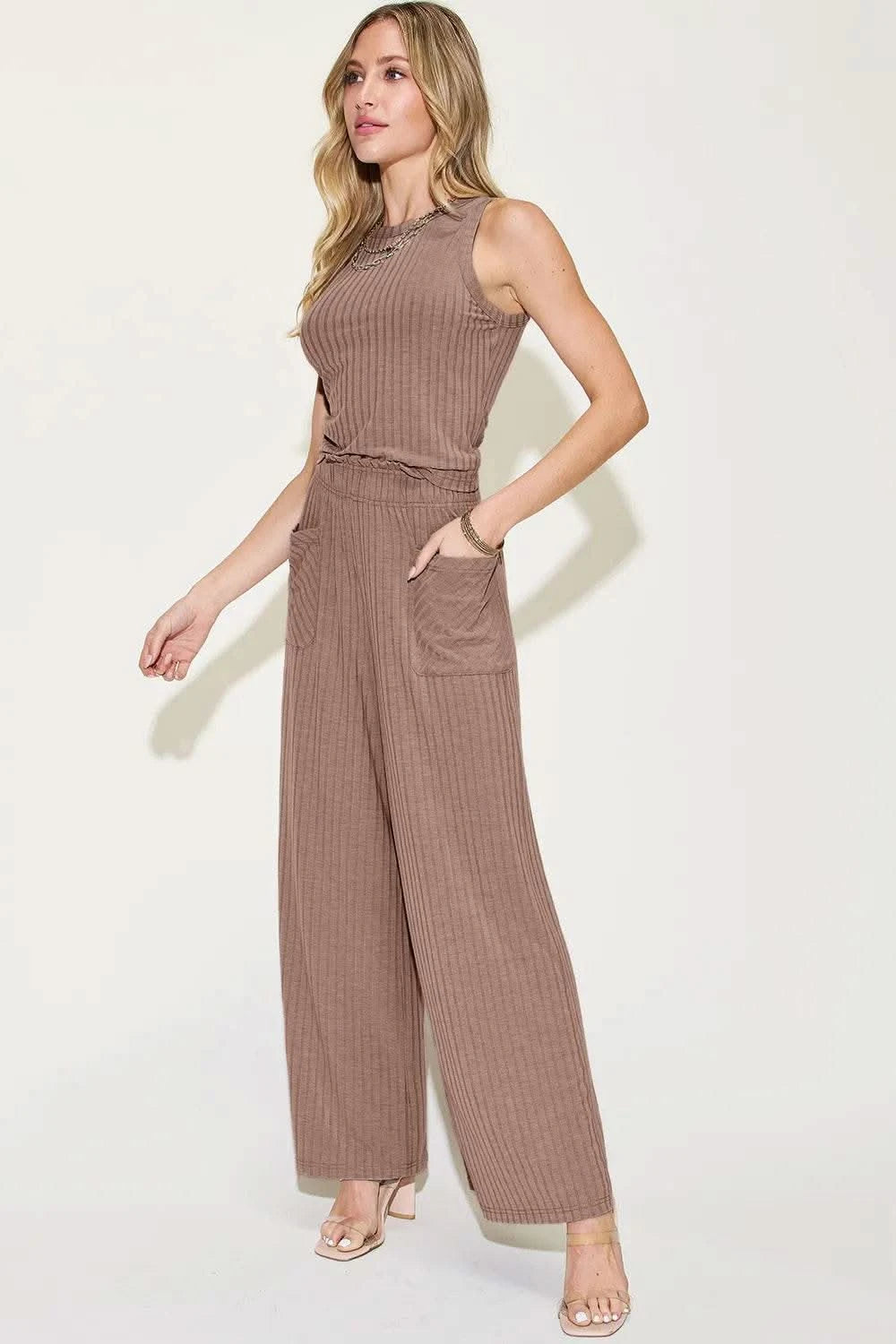 Basic Bae Full Size Ribbed Tank and Wide Leg Pants Set - M & M Global