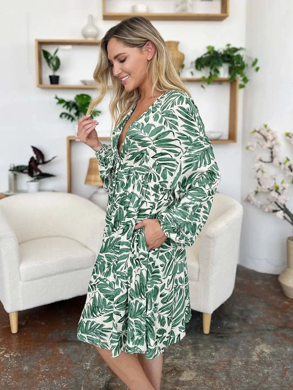 Double Take Full Size Printed Ruched Balloon Sleeve Dress - M & M Global