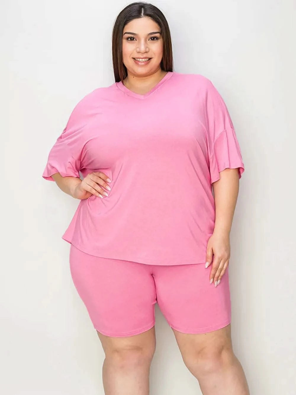 Basic Bae Full Size V-Neck Drop Shoulder T-Shirt and Shorts Set - M & M Global