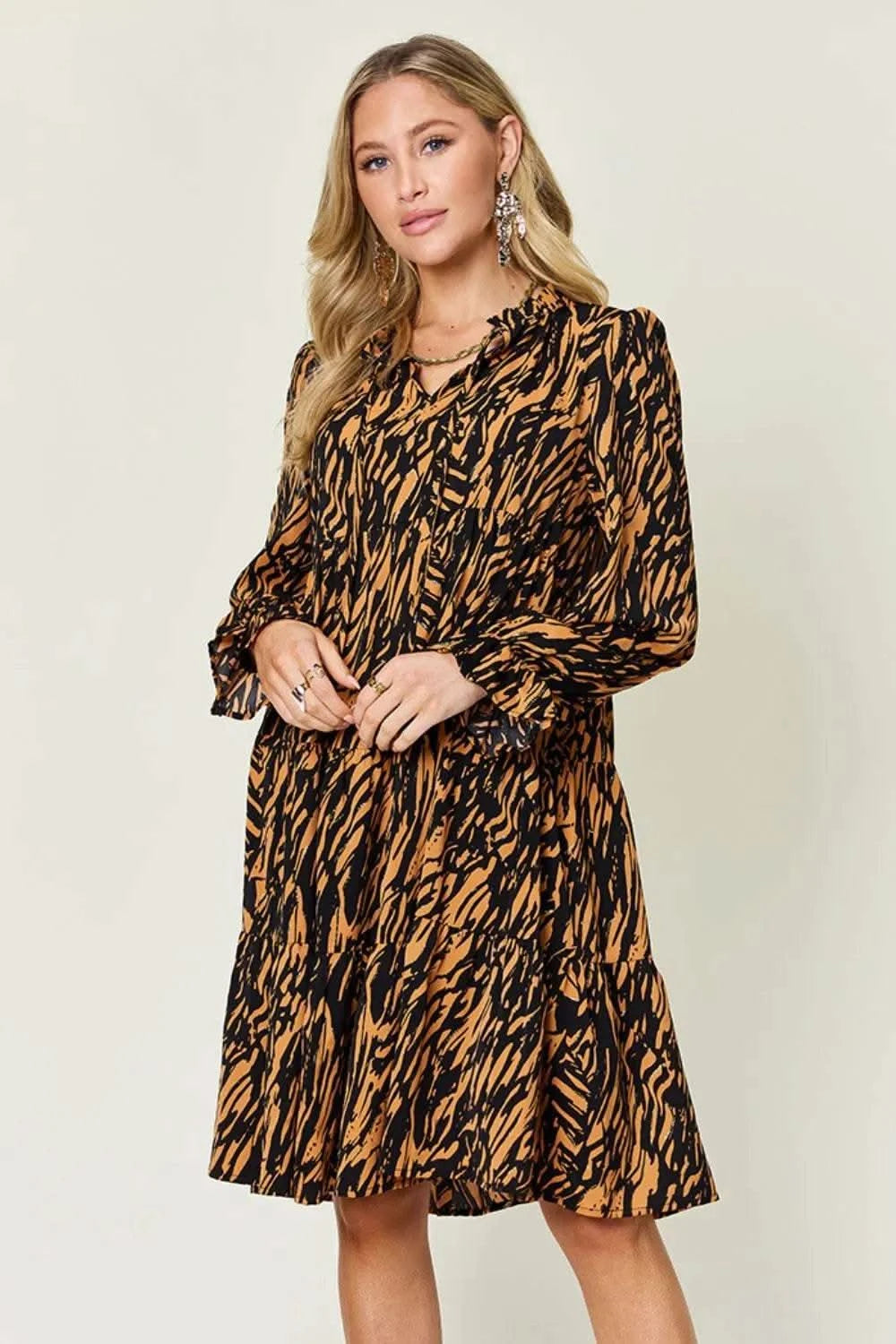 Double Take Full Size Printed Ruffle Hem Long Sleeve Dress - M & M Global