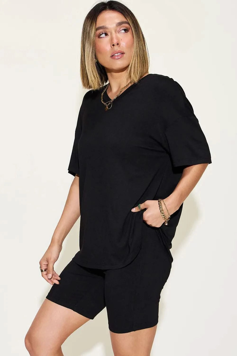 Basic Bae Full Size V-Neck Drop Shoulder T-Shirt and Shorts Set - M & M Global