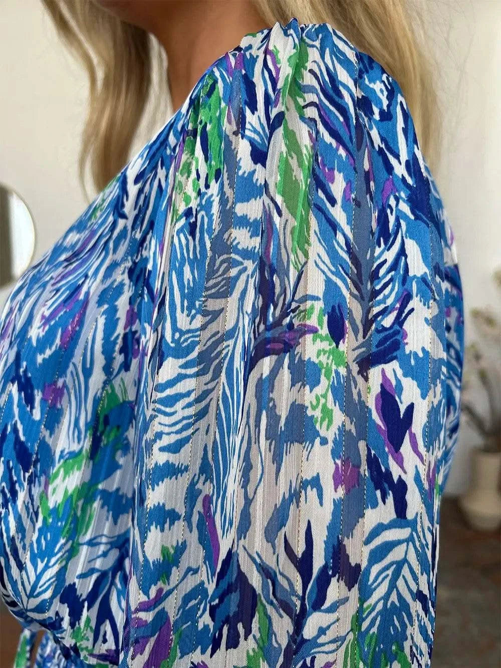 Double Take Full Size Printed Drawstring Waist Long Sleeve Dress - M & M Global