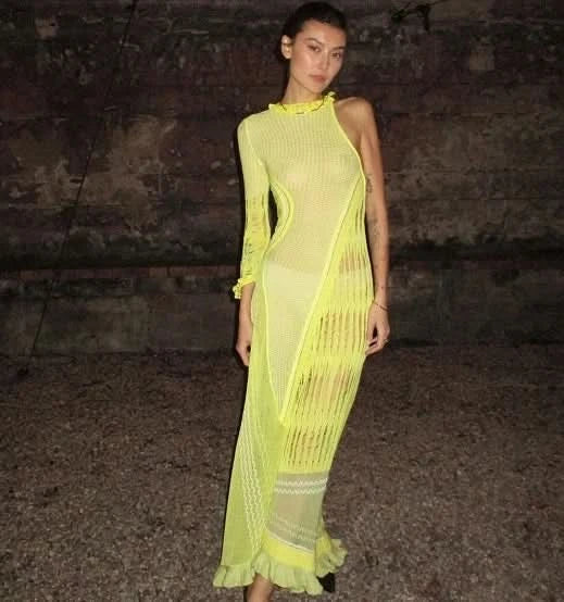 Women Sexy Y2k One Shoulder Long Sleeve Crochet Knit Long Dress Summer Beach See Through Party Grunge Club Cover Up Outfits - M & M Global