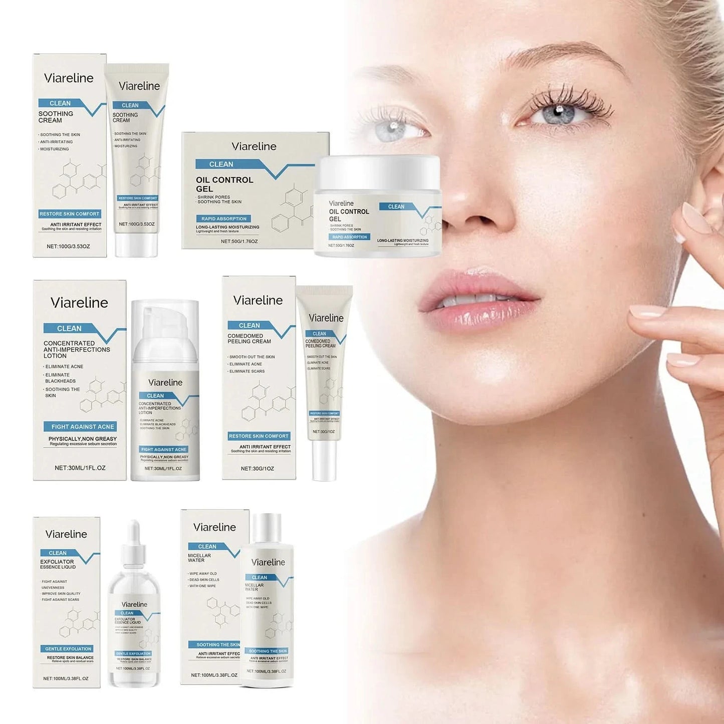Viareline Soothing Repair Facial Care Series Moisturizing Skin Oil Control Brighten Skin Tone Clean Pores Tender Face Care Set - M & M Global