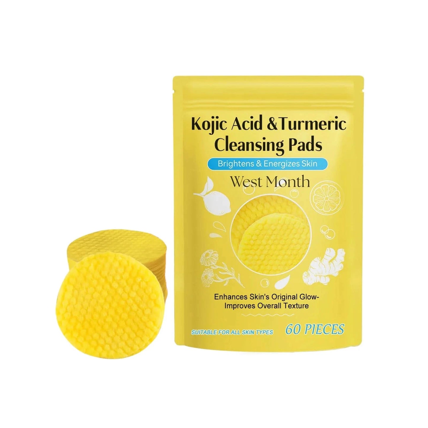 West&Month 60pcs Kojic Acid Turmeric Exfoliating Cleansing Pads Glow Facial Wash Remove Dead Skin Acne Melanin Hydrate Face Pads - M & M Global