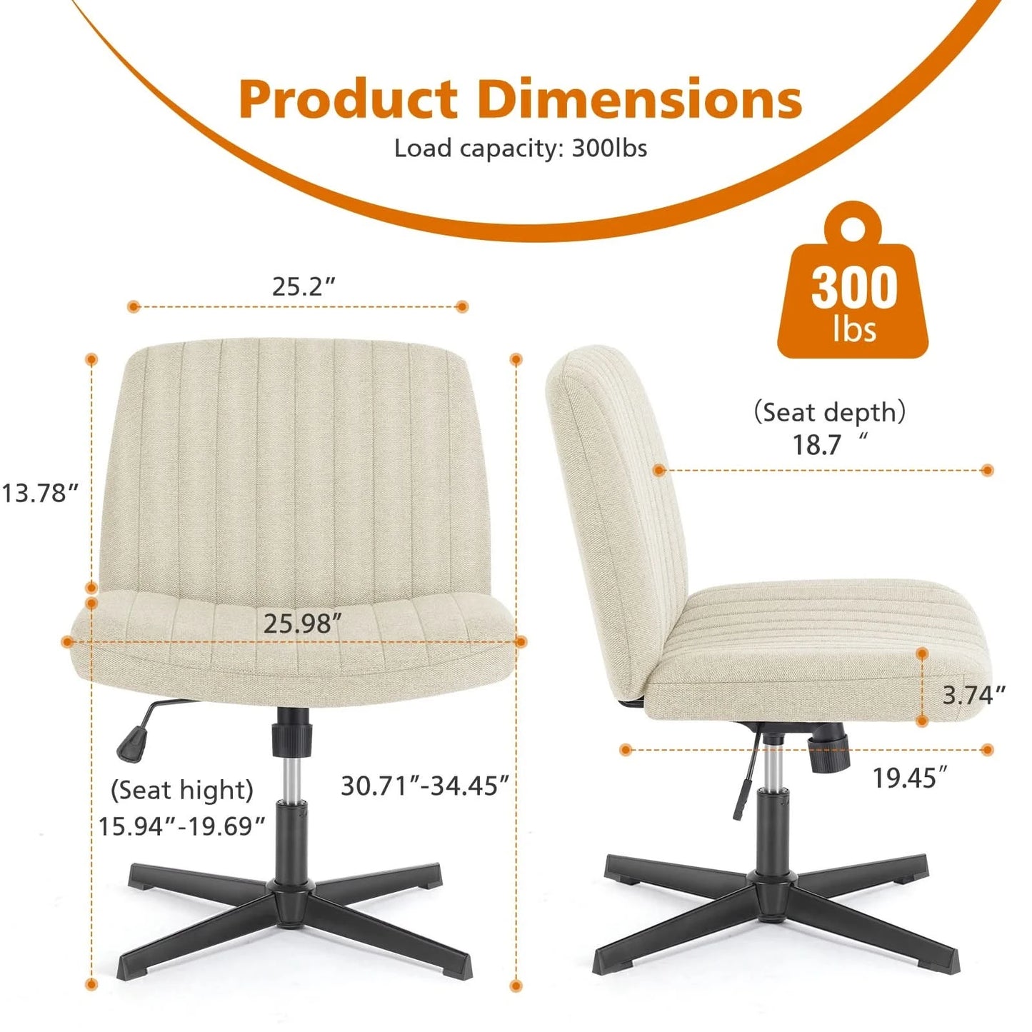 JHK Cross Legged Office Living Room Rocking Gaming Chair Armless Wide Desk Adjustable Swivel Fabric Task Vanity Home Office