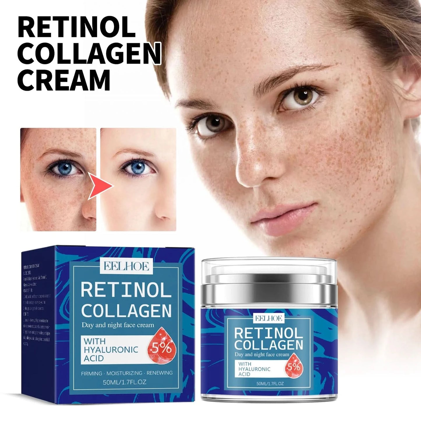 EELHOE Retinol Collagen Cream Lightens Fine Lines Tightens Skin Evens Skin Tone Moisturizes Face Cream Improve Skin Elasticity - M & M Global
