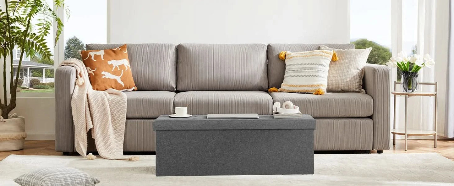 JHK Living Room Hidden Storage Footstool Toy Box Bedroom Bench Linen Fabric Easy Assemble Strong Load-bearing Capacity Stool