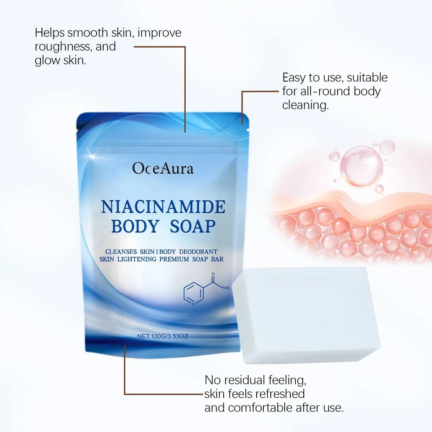Oceaura Niacinamide Body Soap Bar Gentle Cleaning Dirts Improve Dullness Balance Skin Tone Smoothing Glowing Body Cleaning Soap - M & M Global