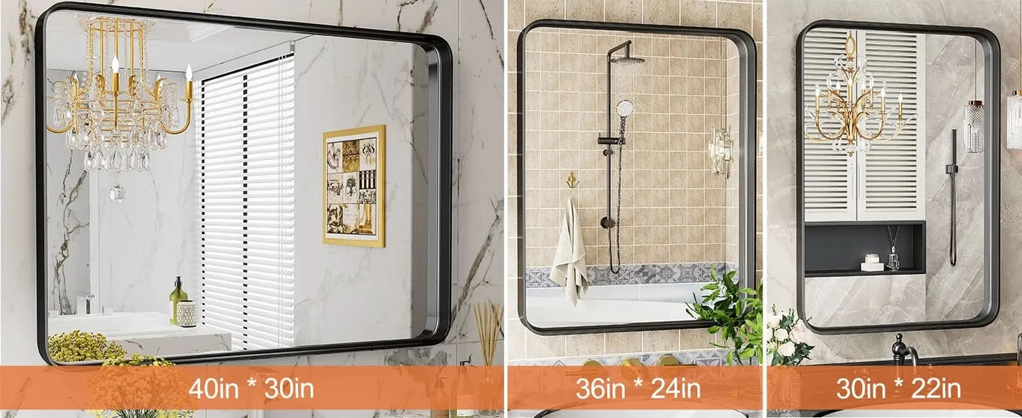 Matte Metal Framed Bathroom Mirror for Wall,Vanity Rectangle Rounded Corner Tempered Glass Mirror,Clear Reflection,Modern
