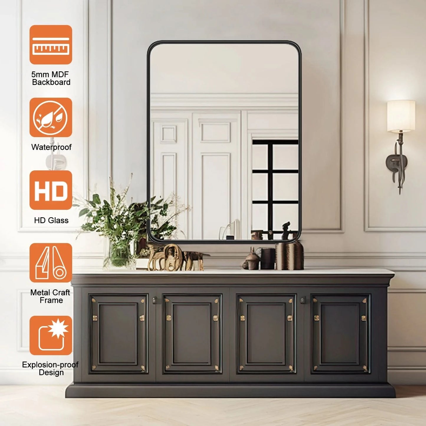 Matte Metal Framed Bathroom Mirror for Wall,Vanity Rectangle Rounded Corner Tempered Glass Mirror,Clear Reflection,Modern