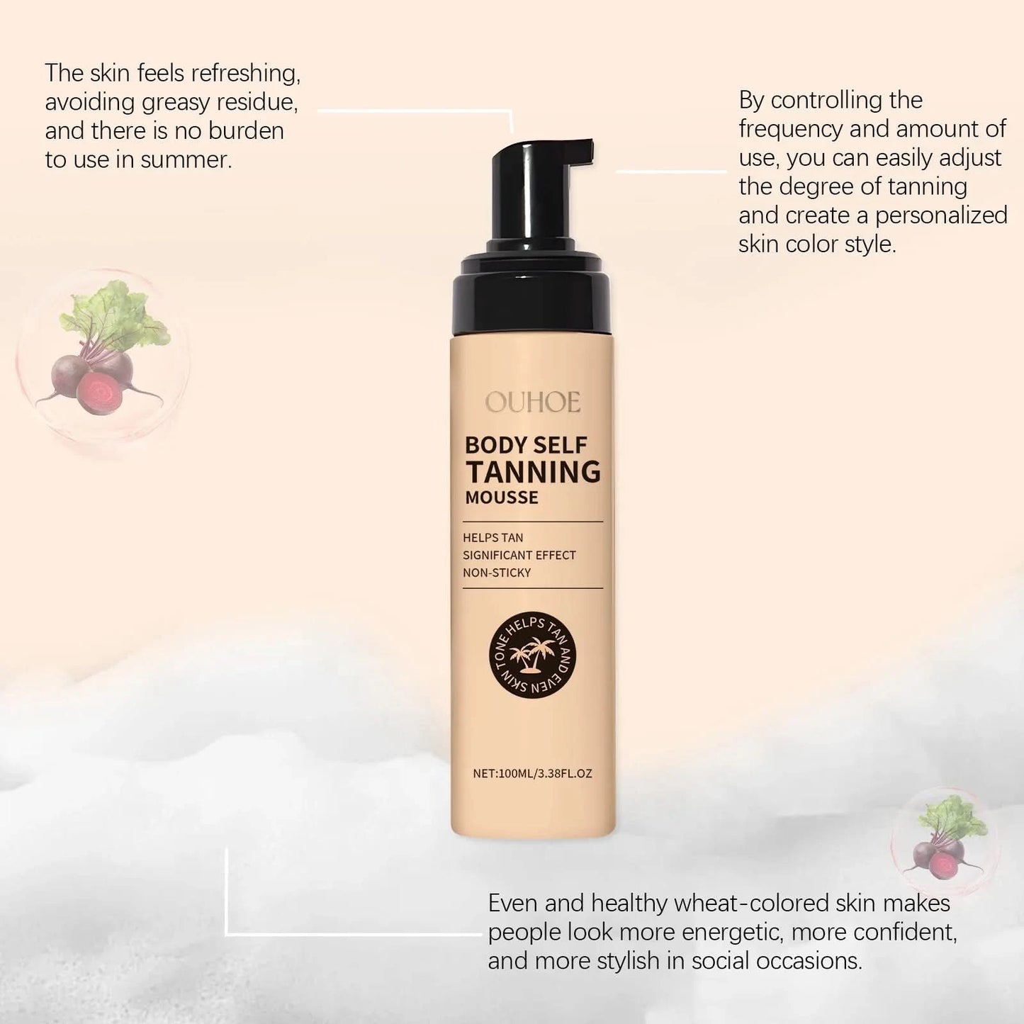 Ouhoe 100ml Self Tanning Mousse Bronzing Accelerate Flawless Sunless Outdoor Darker Solarium Sunbath Fake Tan Self Tanner Mousse - M & M Global