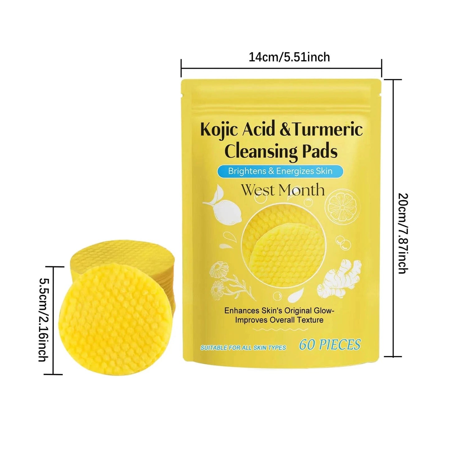 West&Month 60pcs Kojic Acid Turmeric Exfoliating Cleansing Pads Glow Facial Wash Remove Dead Skin Acne Melanin Hydrate Face Pads - M & M Global