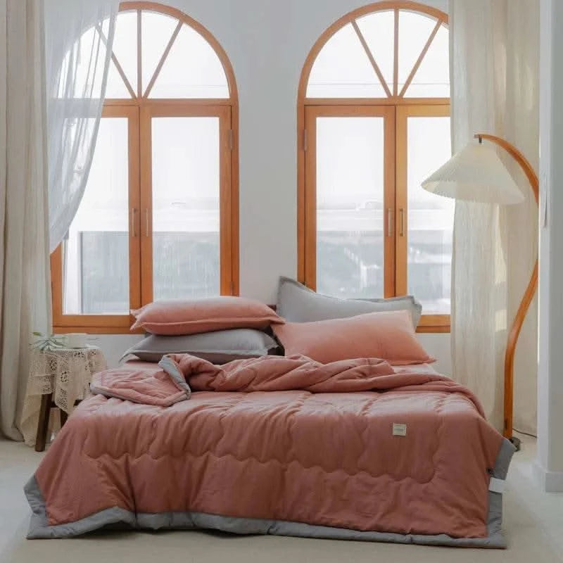 2025 new Japanese polyester cotton quilted summer quilt skin-friendly washable light luxury style solid color lightweight - M & M Global