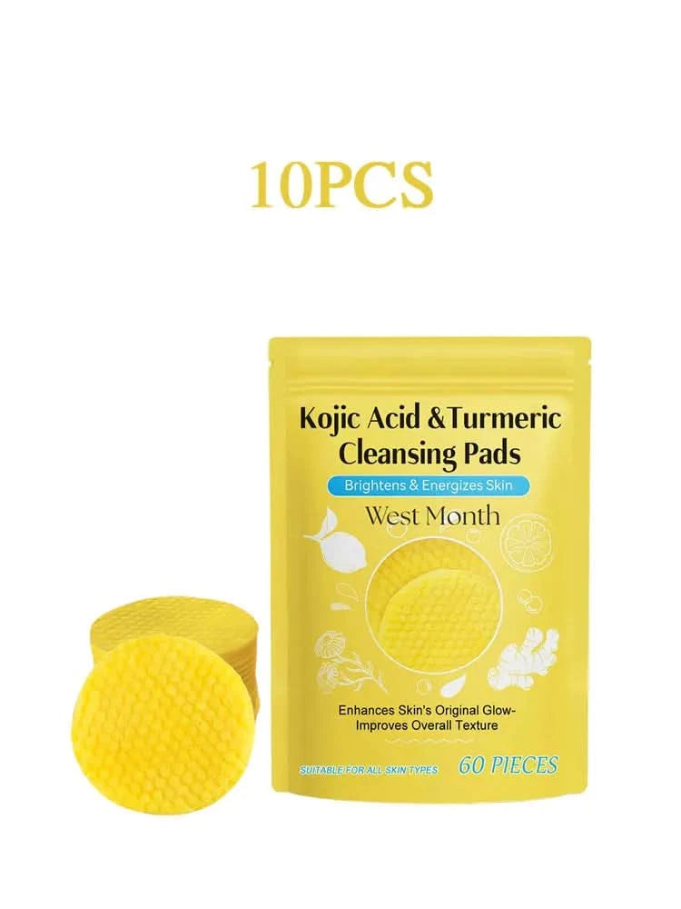 West&Month 60pcs Kojic Acid Turmeric Exfoliating Cleansing Pads Glow Facial Wash Remove Dead Skin Acne Melanin Hydrate Face Pads - M & M Global