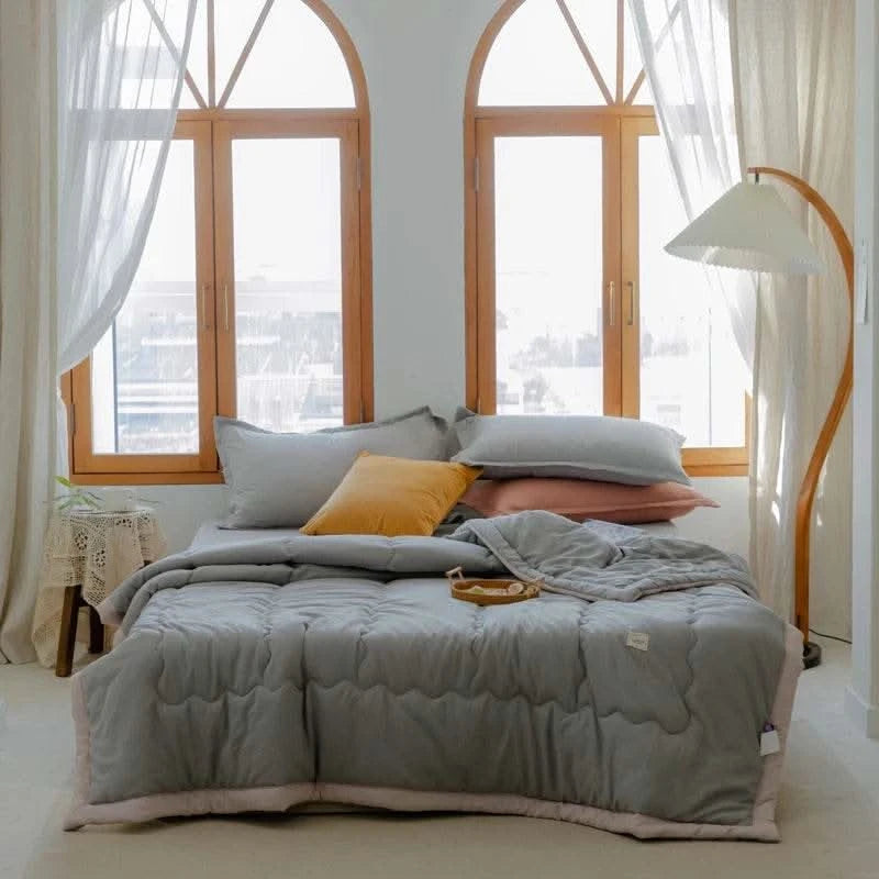 2025 new Japanese polyester cotton quilted summer quilt skin-friendly washable light luxury style solid color lightweight - M & M Global