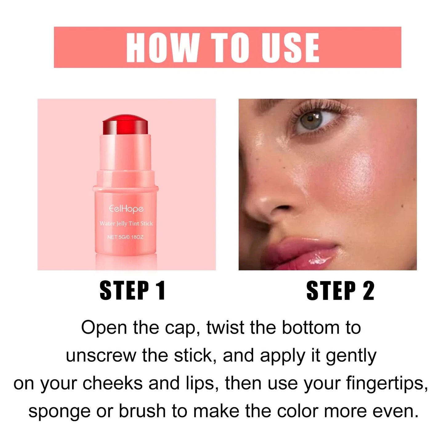 EELHOPE Water Jelly Tint Stick Lasting Waterproof Sweatproof Moisturize Facial Makeup Brightening Lip Gloss Face Blusher Stick - M & M Global