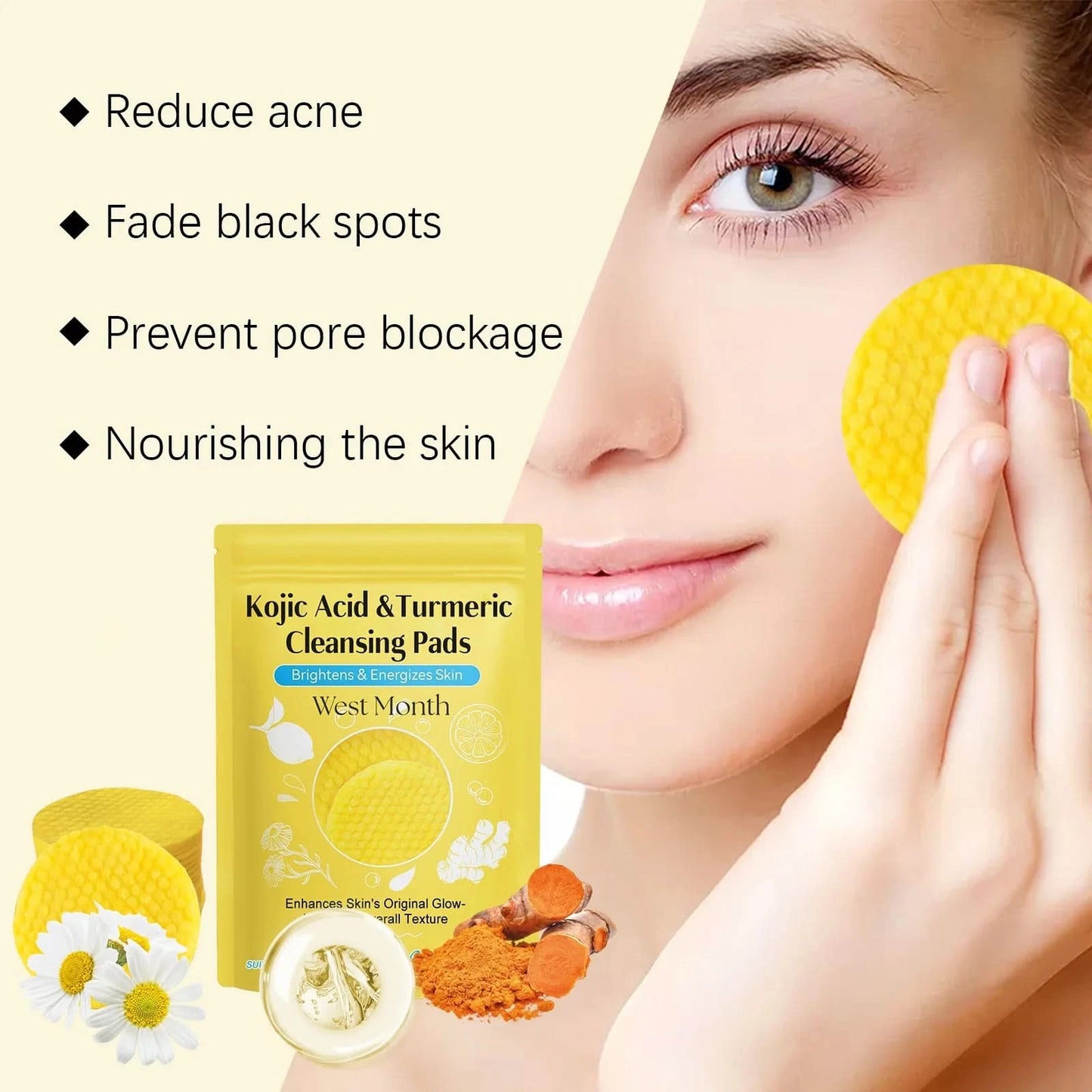 West&Month 60pcs Kojic Acid Turmeric Exfoliating Cleansing Pads Glow Facial Wash Remove Dead Skin Acne Melanin Hydrate Face Pads - M & M Global