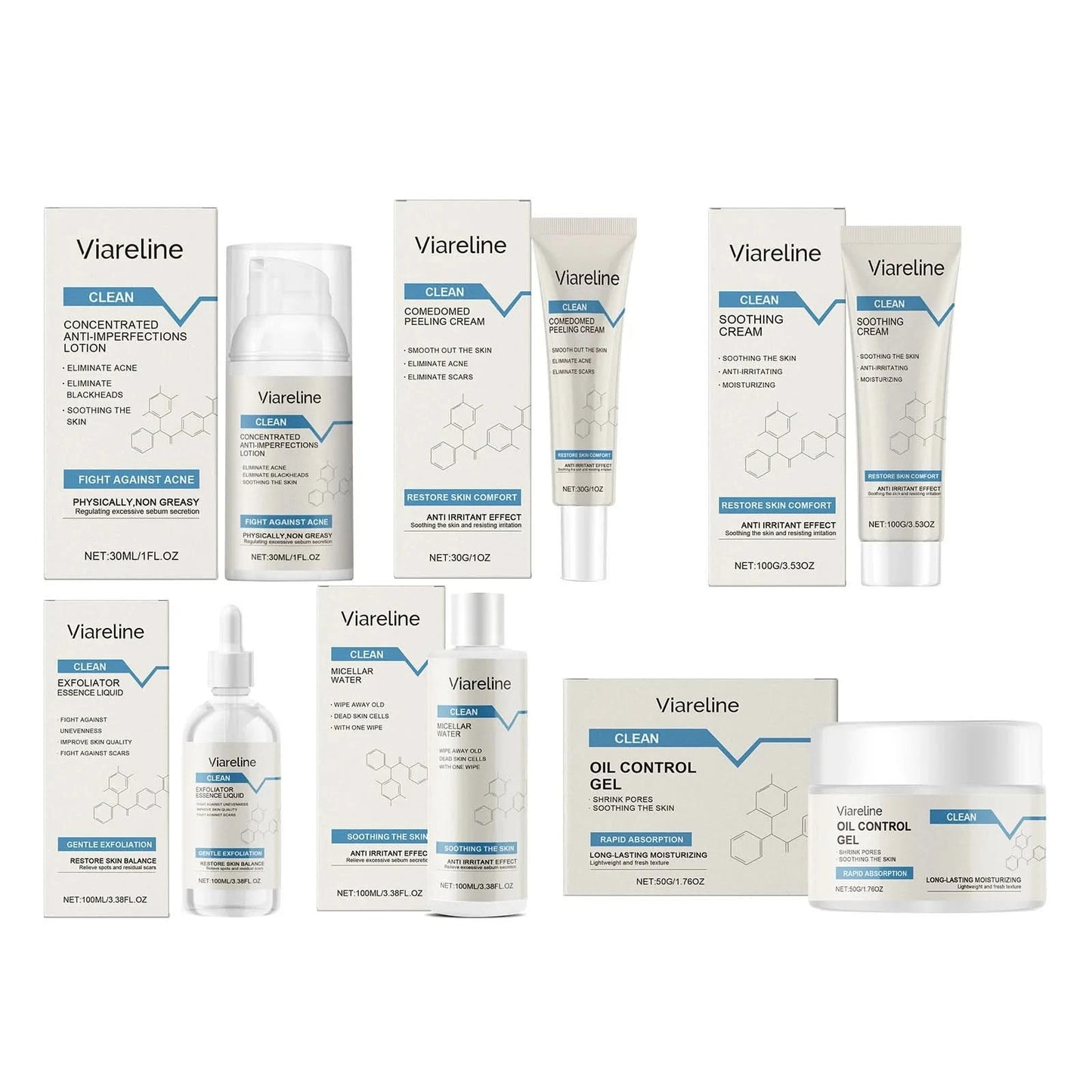 Viareline Soothing Repair Facial Care Series Moisturizing Skin Oil Control Brighten Skin Tone Clean Pores Tender Face Care Set - M & M Global