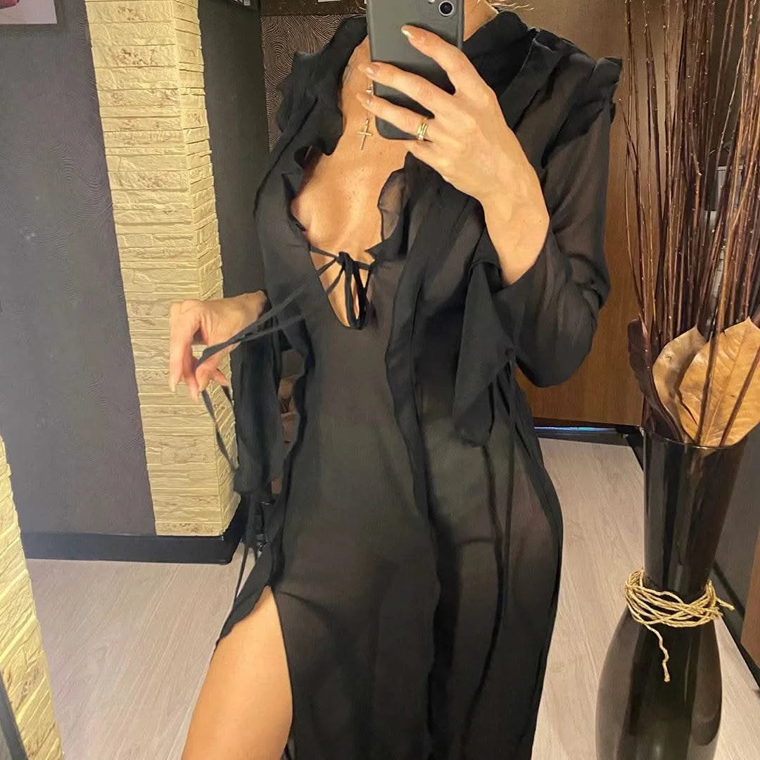 Deep V Neck High Split Long Dress Ruffles Beach Cover Up Bikini Cover-ups Beach Dress Beach Wear Beachwear Female Women V4440 - M & M Global