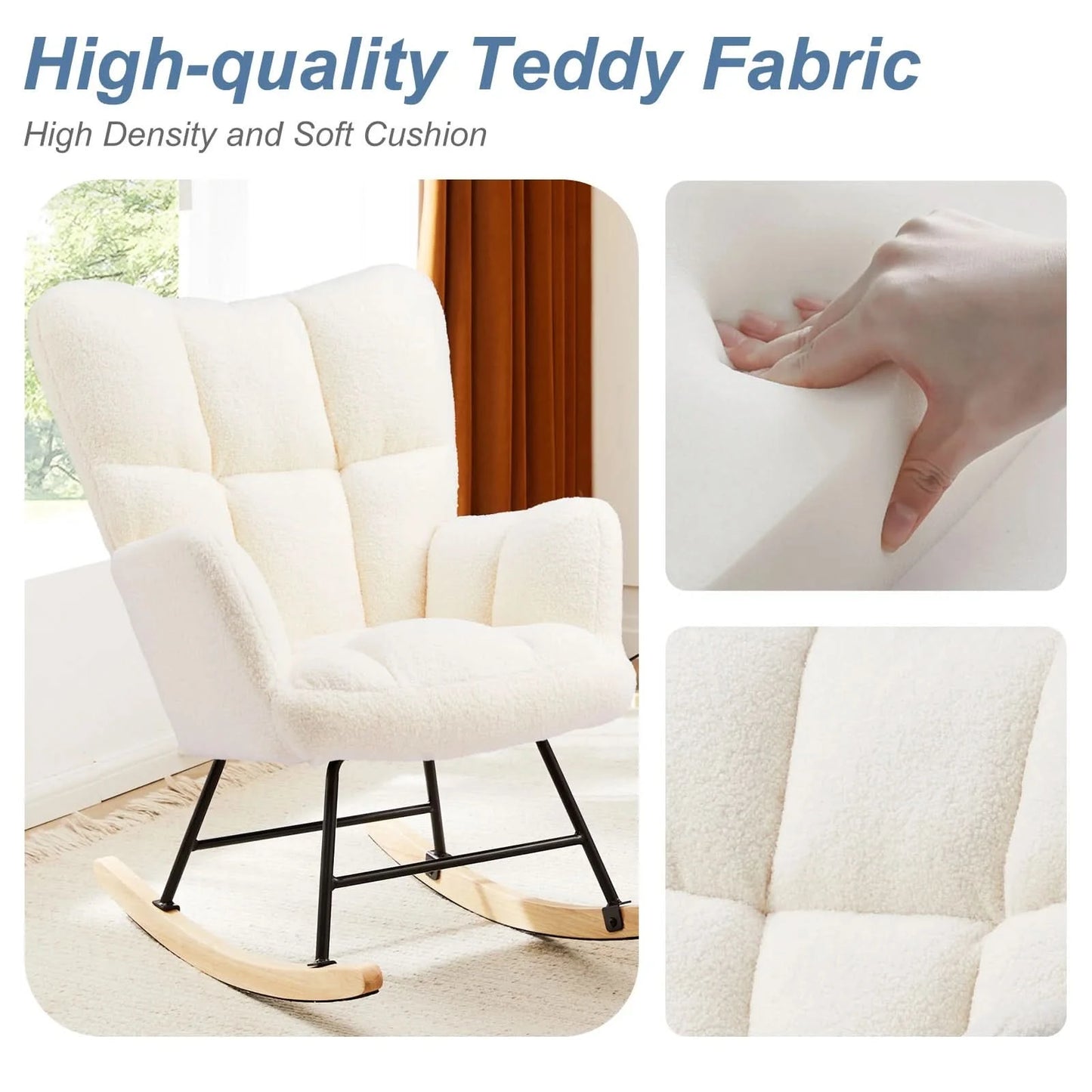 JHK Teddy Fabric Upholstered Glider With High Backrest,Padded Seat, Accent Recliner,Cushion Rocker Armchair,Bedroom Furniture