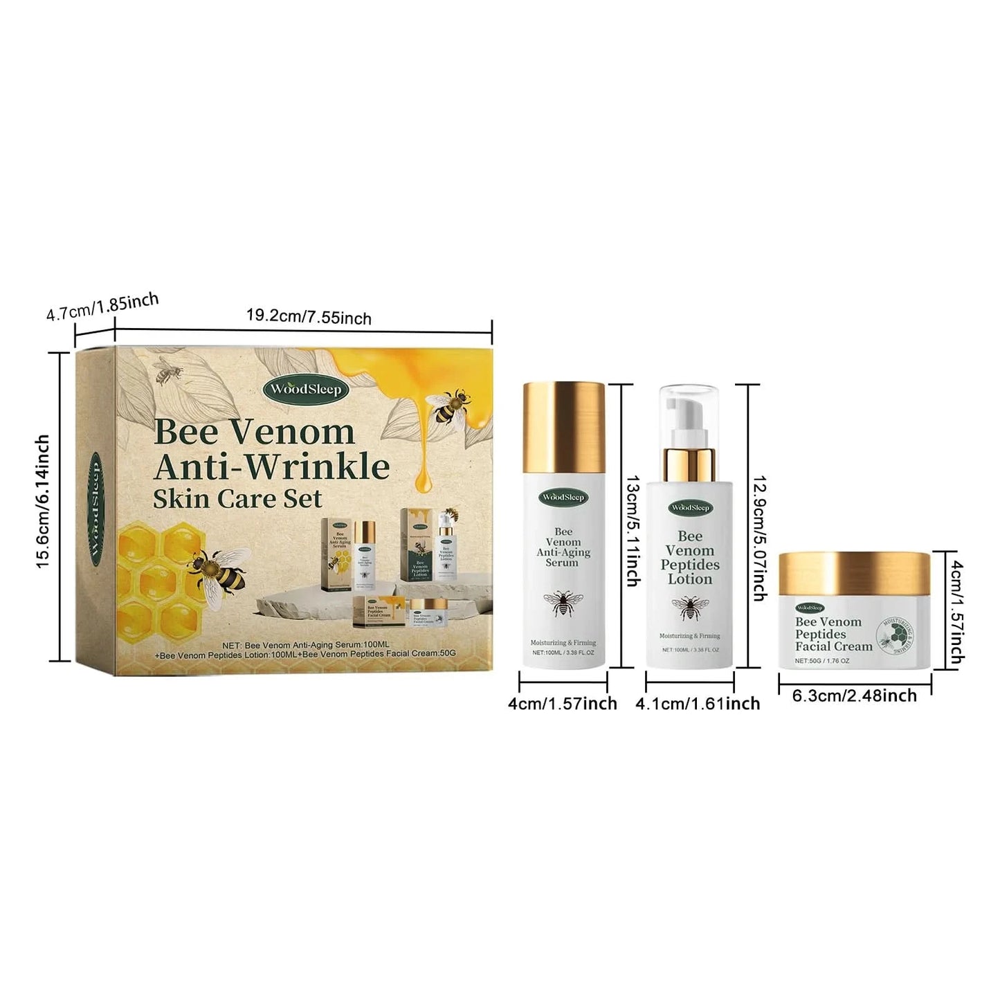 Woodsleep 1set Bee Venom Anti Wrinkle Facial Care Set Moisturizing Nourish Reduce Fine Lines Oil Control Repair Skin Care Set - M & M Global