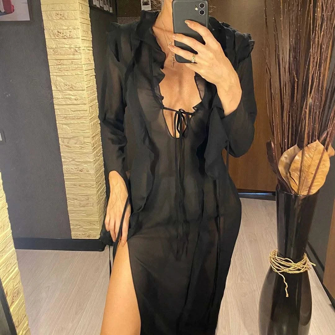 Deep V Neck High Split Long Dress Ruffles Beach Cover Up Bikini Cover-ups Beach Dress Beach Wear Beachwear Female Women V4440 - M & M Global
