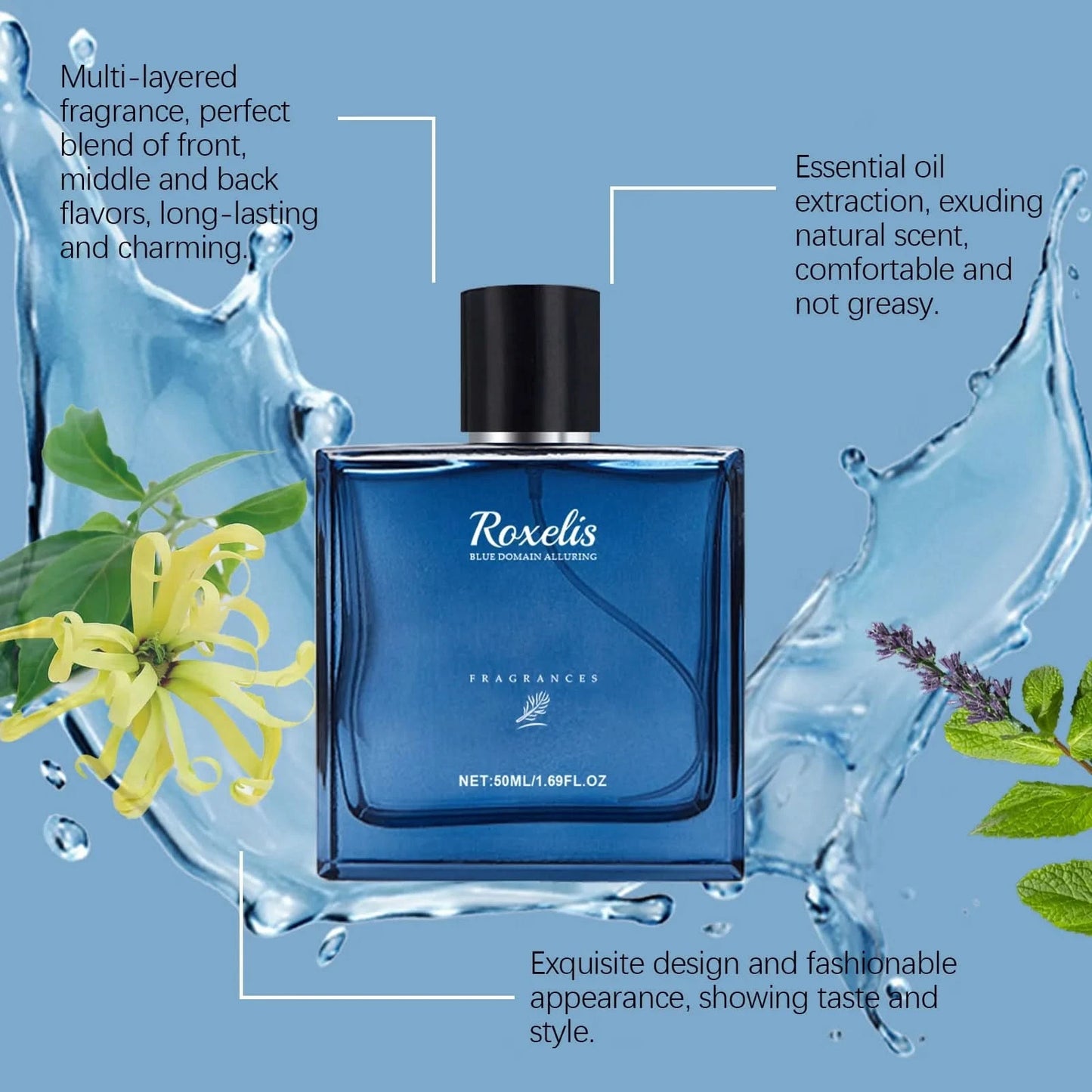 Roxelis 50ml Charmig Cologne Perfume Spray Men's Blue Domain Fragrance Lasting Scent Pheromone Flirting Romantic Dating Perfume - M & M Global