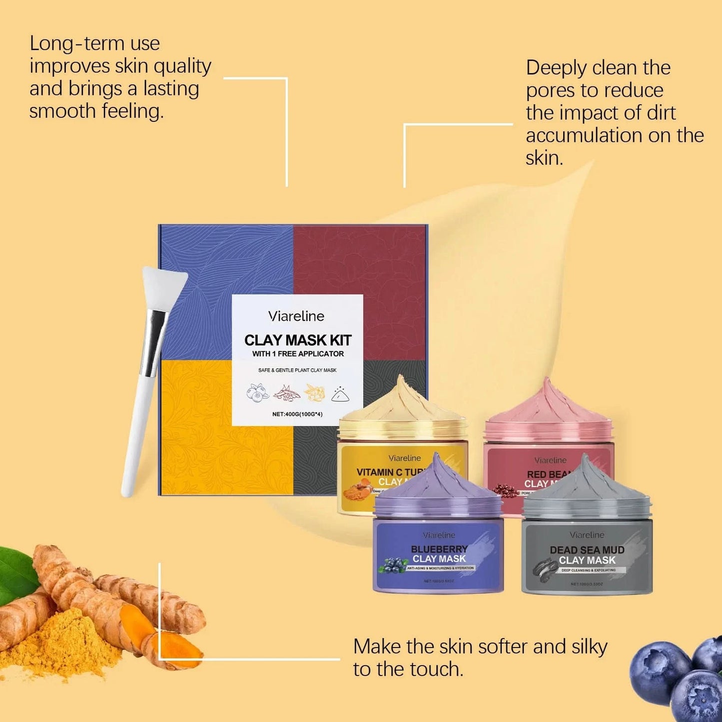 Viareline 1set Exfoliating Facial Clay Mask Set Shrink Pores Hydrating Reduce Dullness Moisturizer Oil Control Smooth Mask Set - M & M Global