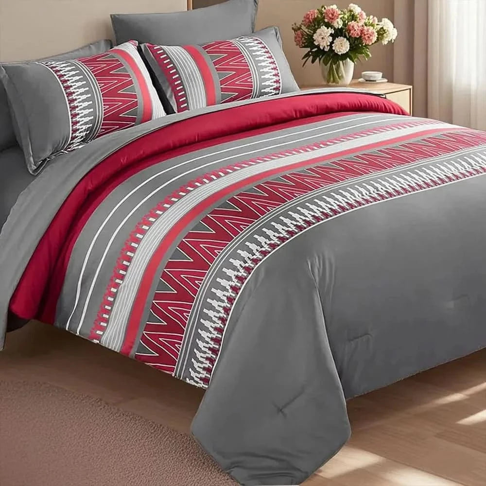 Bed with red and gray patterned bedding in a bedroom setting.
Queen printed comforter set
7-piece microfiber bedding set
All-season bed comforter
Soft brushed microfiber bedding
Luxury quilt set for queen bed
Fade-resistant bedding set
Machine washable comforter set
Elegant bedroom decor
Gift bedding set for women
Hypoallergenic bedding