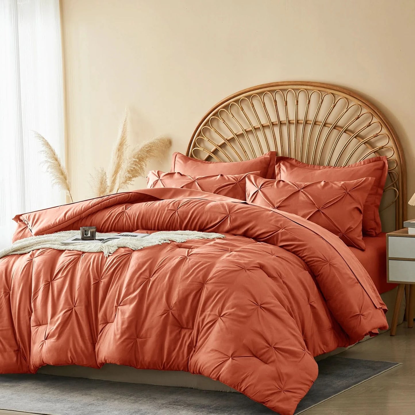 Coral quilt set on a bed with a wicker headboard in a bedroom setting.
Queen Bedding Set, 7 Piece Bedding Set, Pinch Pleat Comforter, Geometric Bedding, Microfiber Bedding, All Season Comforter, Soft Bedding, Machine Washable, Hypoallergenic Comforter, Luxury Bedding Set, Polyester Bedding, Hotel Quality Bedding, Elegant Bedroom Decor, Gift Bedding Set, Modern Bedding