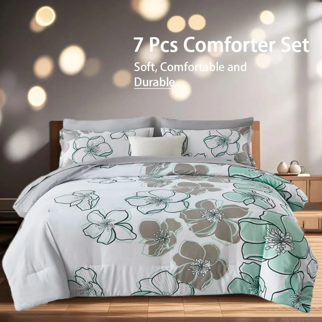 Floral comforter set on a bed with a blurred background
Queen floral comforter set
Large floral print bedding
7-piece microfiber bedding set
All-season comforter
Brushed microfiber comforter
Luxury bed set for queen bed
Fade-resistant bedding
Machine washable comforter
Elegant bedroom décor set
Gift bedding set for holidays