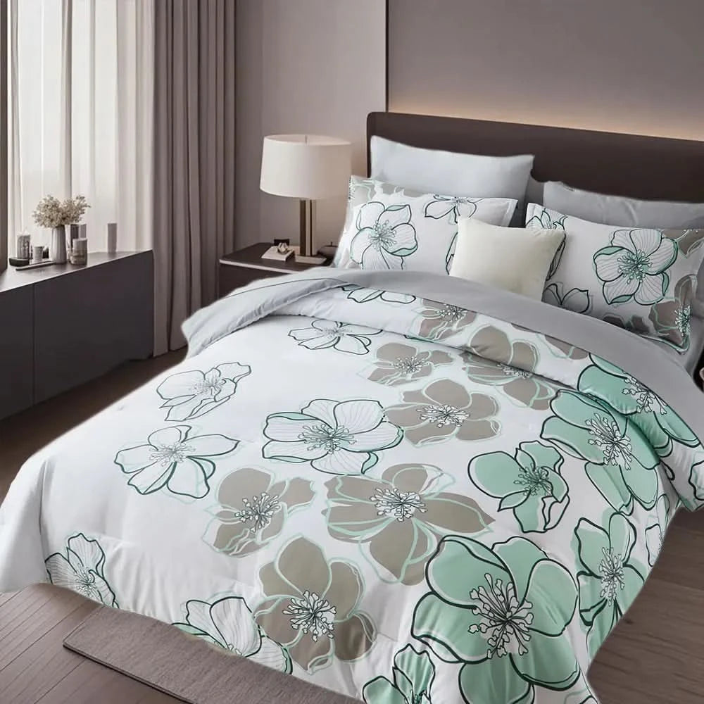 Floral patterned comforter on a bed in a bedroom setting
Queen floral comforter set
Large floral print bedding
7-piece microfiber bedding set
All-season comforter
Brushed microfiber comforter
Luxury bed set for queen bed
Fade-resistant bedding
Machine washable comforter
Elegant bedroom décor set
Gift bedding set for holidays
