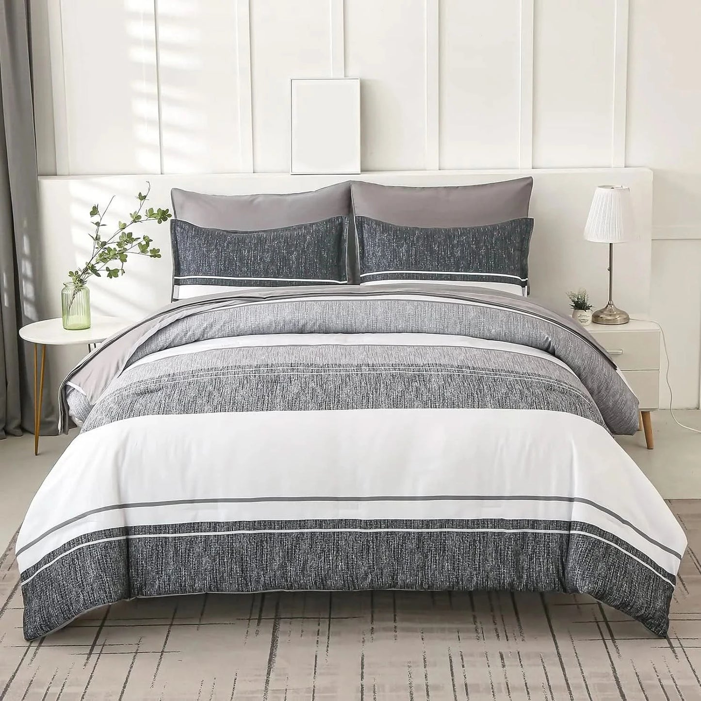 Gray and white striped bedding set on a bed in a bedroom setting.
Comfora Cozy Bedding Set
sage green bedding
white bedding set
comforter set queen
floral duvet cover
Comfora Cozy Bedding Set
plush comforter set cozy pack
ultra-soft all-season comforter and shams
luxury cozy bedding set online
warm textured comforter set King/Queen
Green Plant Bedding
Botanical Quilt Set
Nature Print Bedding
5 Piece Bedding Set
7 Piece Bedding Set
Soft Microfiber Quilt
Breathable Bedding Set
Queen Size Quilt Set