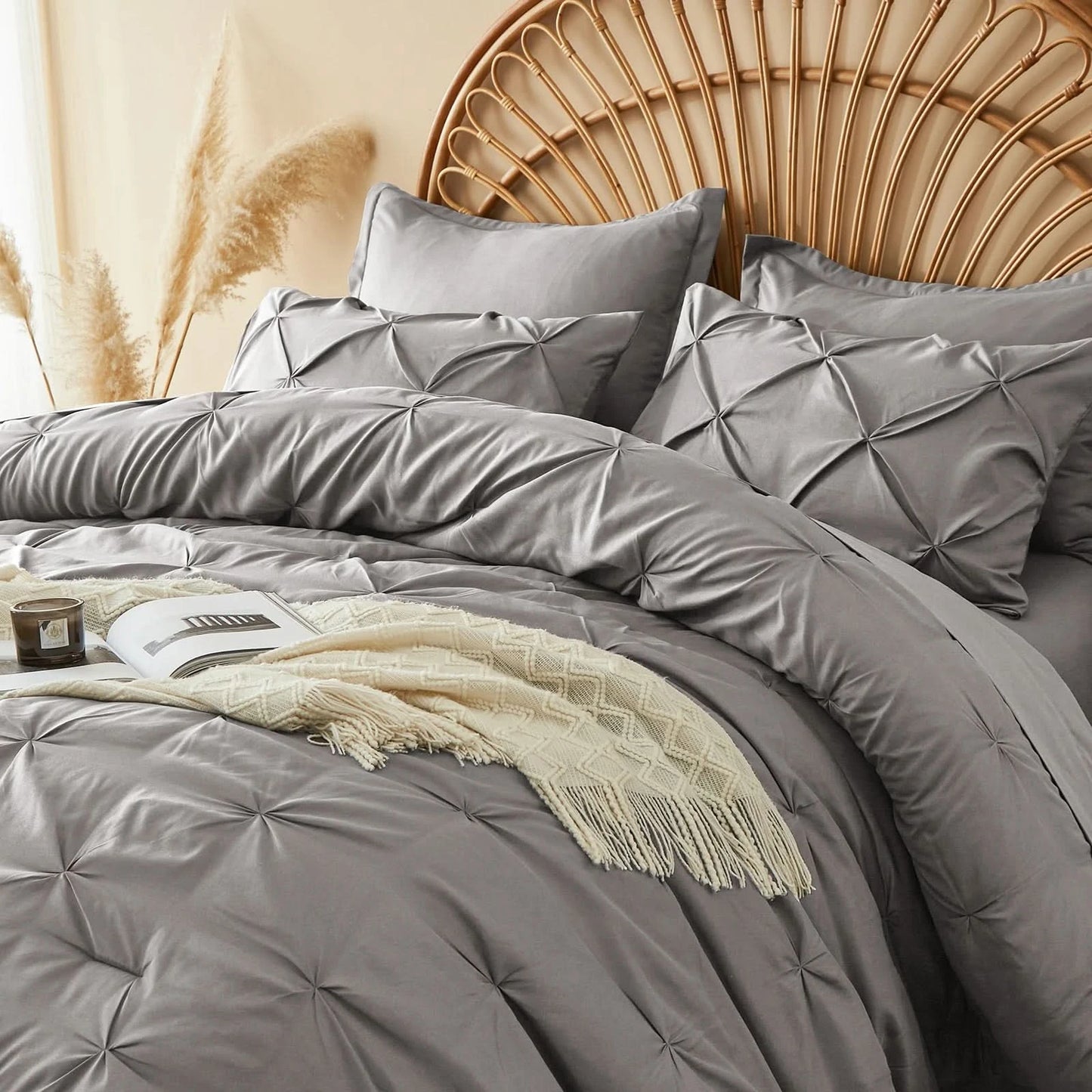 Gray textured bedding set on a bed with a wicker headboard.
Queen Bedding Set, 7 Piece Bedding Set, Pinch Pleat Comforter, Geometric Bedding, Microfiber Bedding, All Season Comforter, Soft Bedding, Machine Washable, Hypoallergenic Comforter, Luxury Bedding Set, Polyester Bedding, Hotel Quality Bedding, Elegant Bedroom Decor, Gift Bedding Set, Modern Bedding