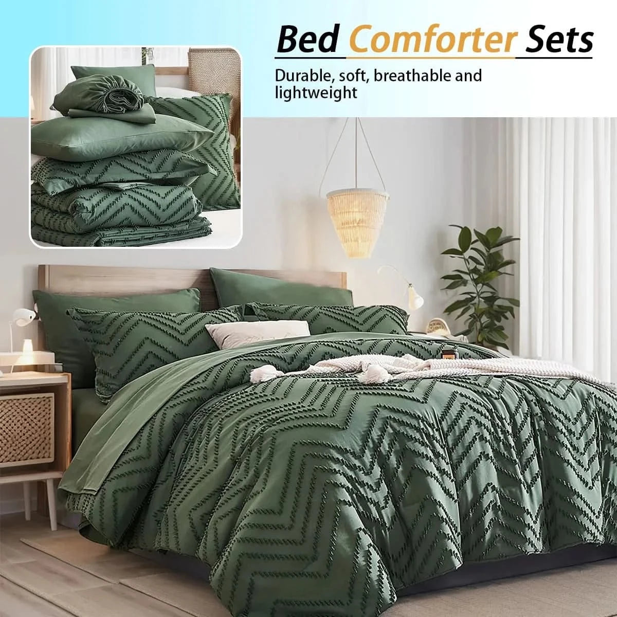 Green bed comforter set on a bed with a room setting, featuring text about comforter sets.
Queen Bedding Set, 7 Piece Quilt Set, Floral Bedding, Cut Flower Comforter, Soft Microfiber Quilt, All Season Bedding, Luxury Quilt Set, Hypoallergenic Bedding, Machine Washable Bedding, Elegant Bedroom Decor, Brushed Microfiber Bedding, Gift Bedding Set, Queen Comforter Set, Spring Bedding, Cozy Quilt Set