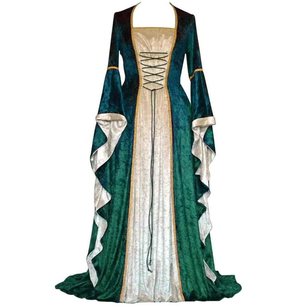 Medieval Retro Court Princress Cosplay Costume Halloween Women Gothic Flare Sleeve Long Dress Elegant Witch Masquerade Wear - M & M Global