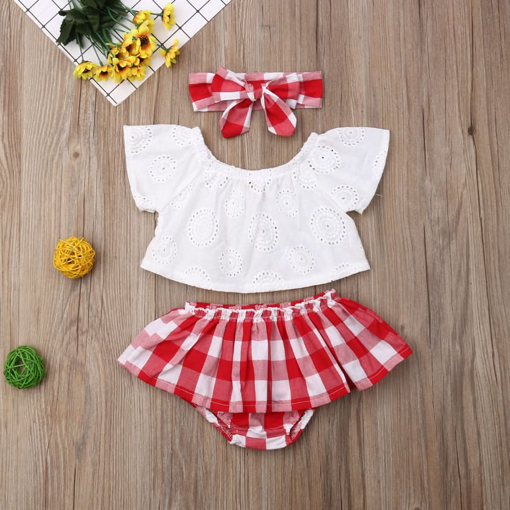 Lioraitiin 3Pcs Set 0-24M Newborn Baby Girl Clothes Cute Summer Off Shoulder Lace Tops+ Red Plaid Short Dress Headband Outfit - M & M Global