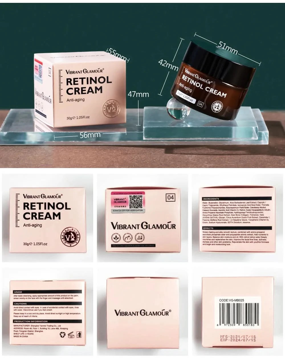 VIBRANT GLAMOUR Retinol Facial Skin Care Set Face Cream Eye Serum 2PCS - M & M Global
