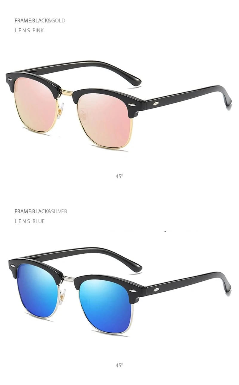 Classic Half Frame Polarized Sunglasses Men Women Retro Rivet Small Sun Glasses Male Popular Black Anti Glare Travelling Shades - M & M Global