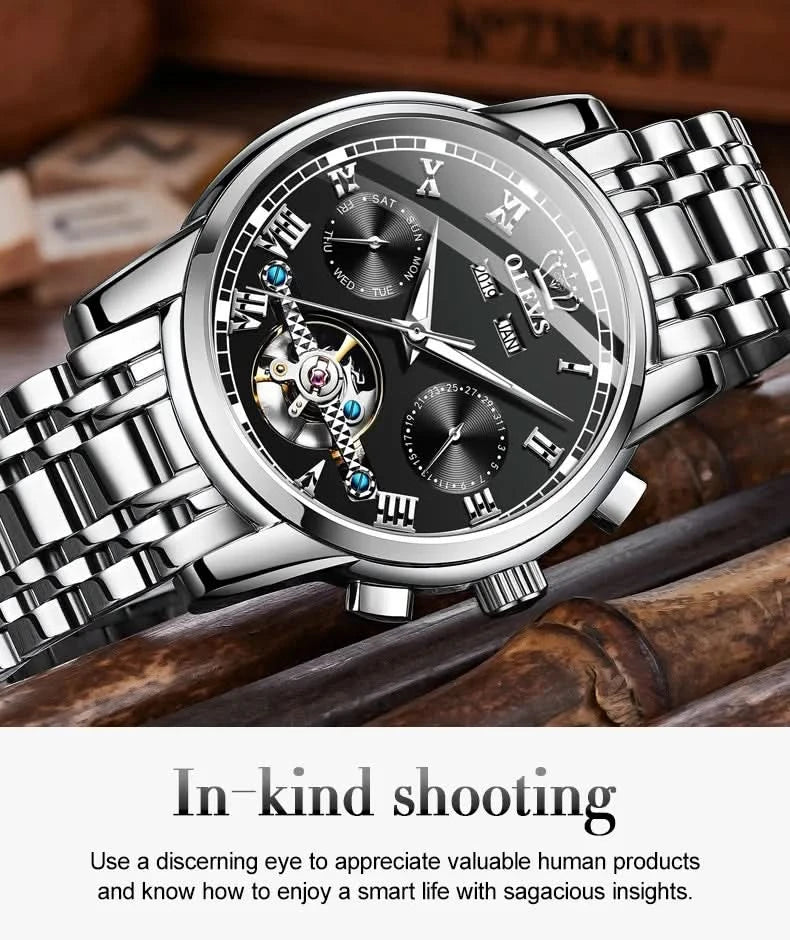 OLEVS Men's Watches Automatic Mechanical Business Wristwatch Waterproof Stainless Steel Strap Watch for Man Skeleton Calendar - M & M Global