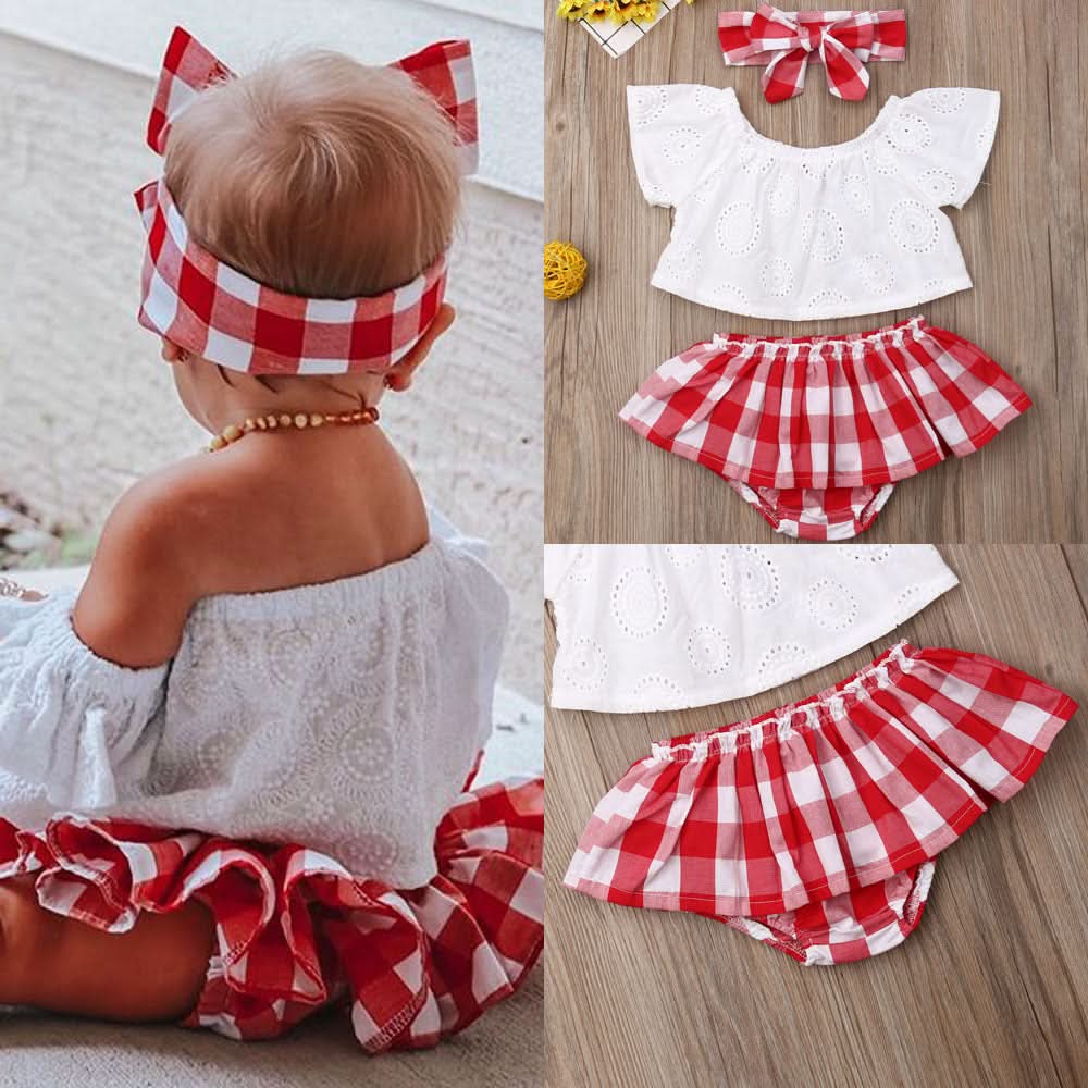 Lioraitiin 3Pcs Set 0-24M Newborn Baby Girl Clothes Cute Summer Off Shoulder Lace Tops+ Red Plaid Short Dress Headband Outfit - M & M Global