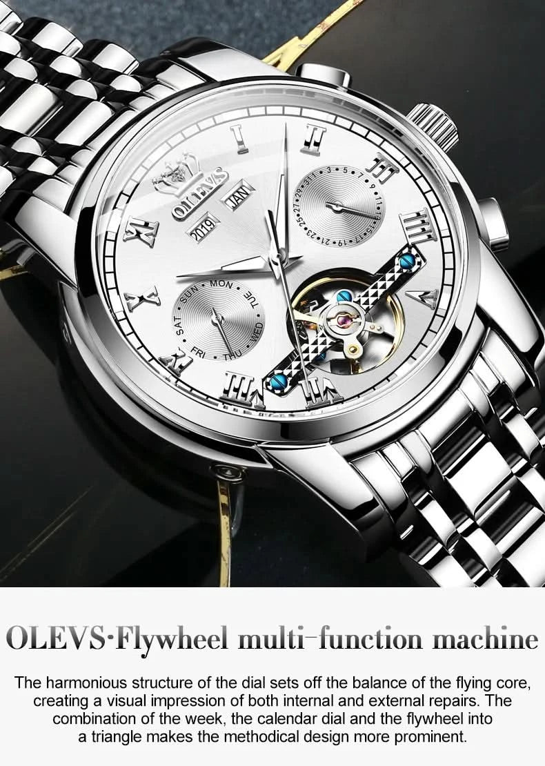 OLEVS Men's Watches Automatic Mechanical Business Wristwatch Waterproof Stainless Steel Strap Watch for Man Skeleton Calendar - M & M Global