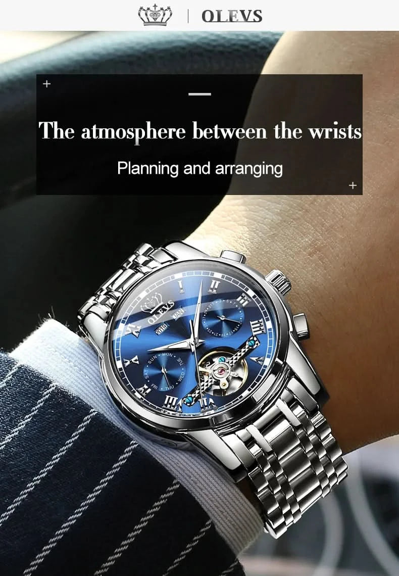 OLEVS Men's Watches Automatic Mechanical Business Wristwatch Waterproof Stainless Steel Strap Watch for Man Skeleton Calendar - M & M Global